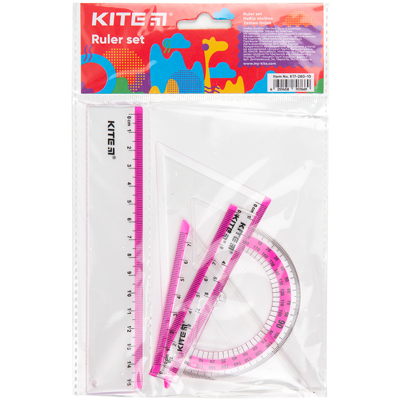 Zestaw geometryczny Kite К17-280-10: linijka 15 cm, 2 ekierki, kątomierz (różowa pasek)