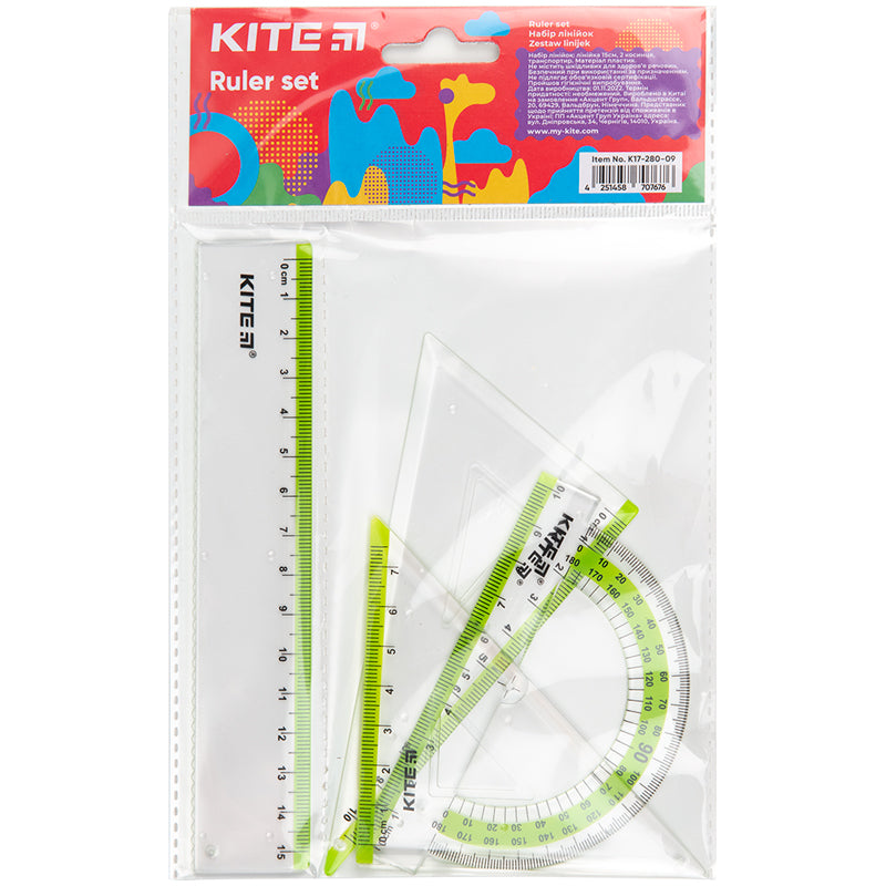 Zestaw geometryczny Kite К17-280-09: linijka 15 cm, 2 ekierki, kątomierz (sałatowa pasek)
