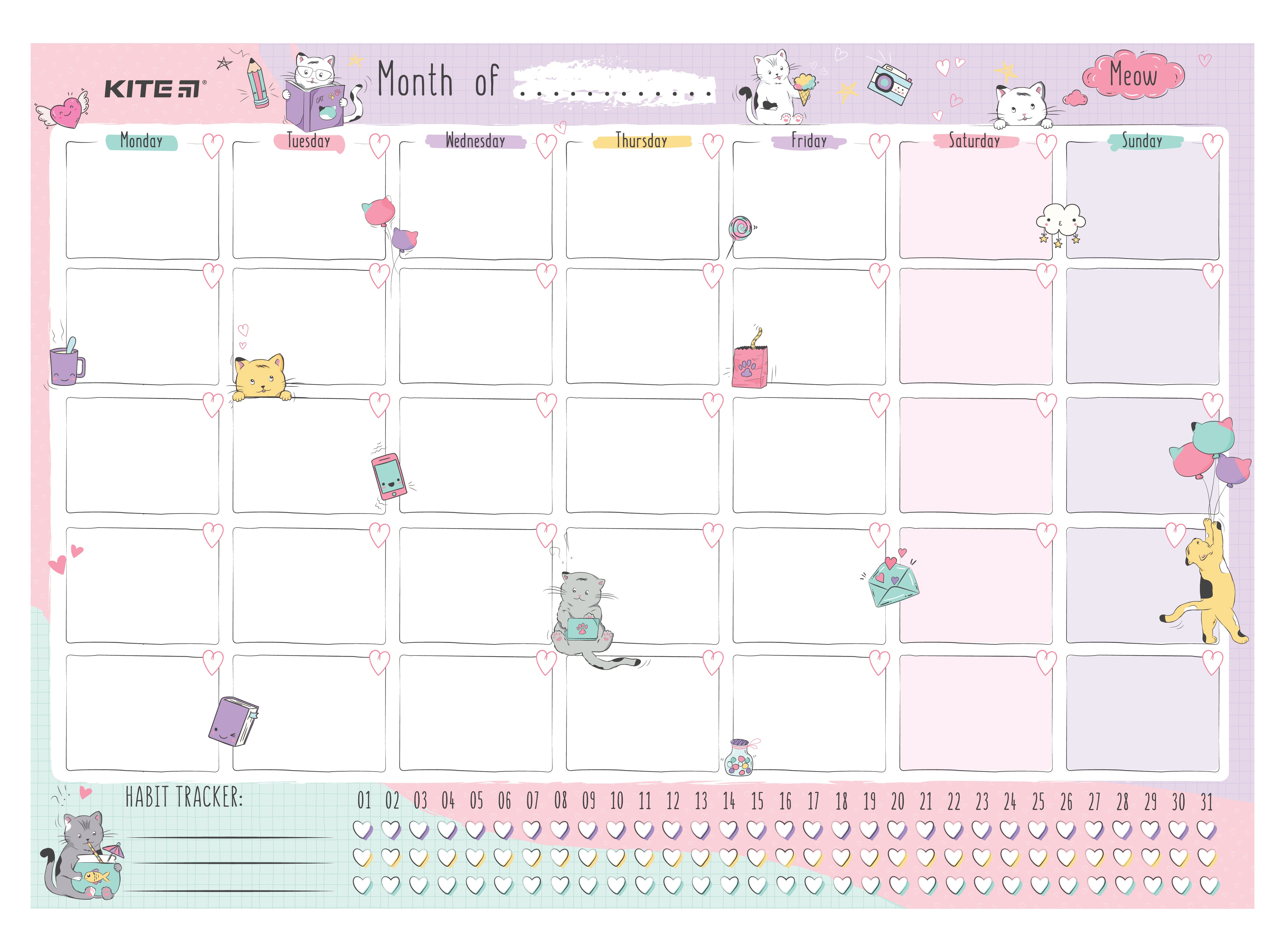 Планер настінний на місяць Kite Cats K22-470-2, А3