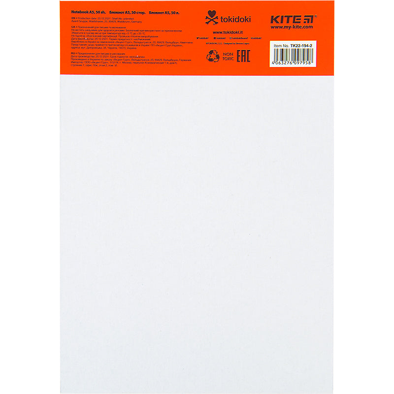 Notatnik blok biurowy Kite tokidoki TK22-194-2, A5, 50 kartek, kratka