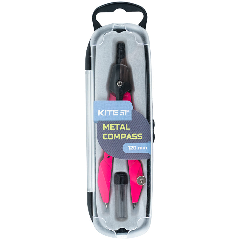 Cyrkiel metalowy + piórnik z zapasowym ołówkiem w kasetce Kite Techno K24-414-10, 120 mm, różowy