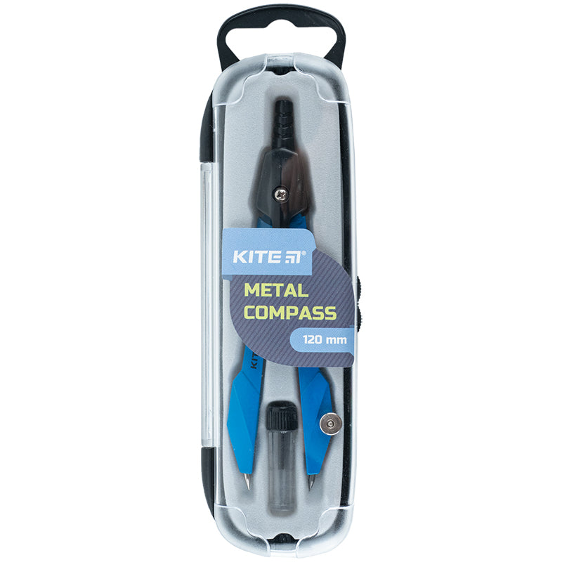 Cyrkiel metalowy + piórnik z zapasowym ołówkiem w kasetce Kite Techno K24-414-02, 120 mm, niebieski