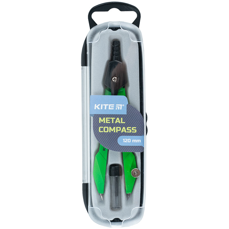 Cyrkiel metalowy + piórnik z zapasowym ołówkiem w kasetce Kite Techno K24-414-04, 120 mm, zielony