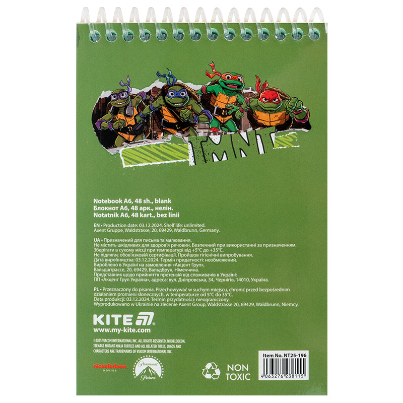 Kołonotatnik na spirali Kite Ninja Turtles NT25-196, A6, 48 kartek, bez linii