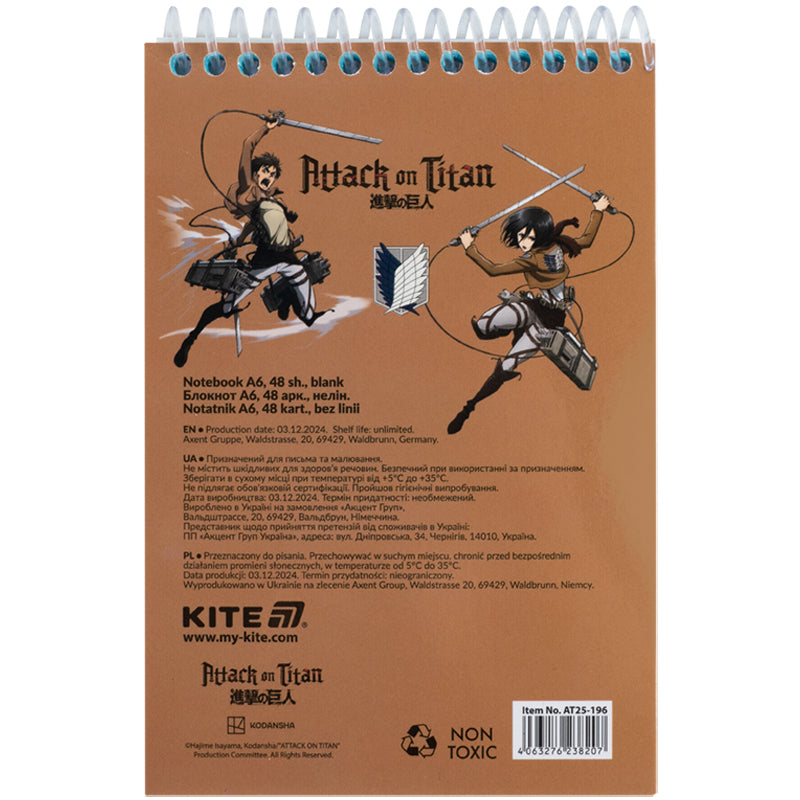 Notes na spirali Kite Attack on Titan AT25-196, A6, 48 kartek, bez linii
