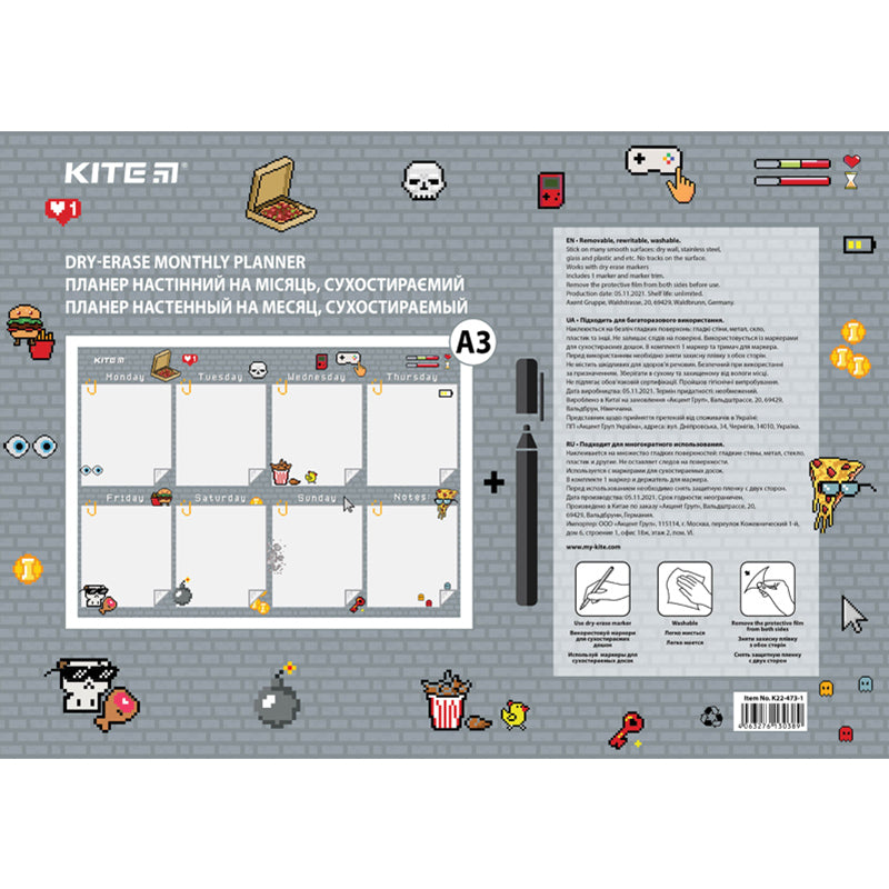 Planer ścienny na tydzień Kite Pixel K22-473-1, А3