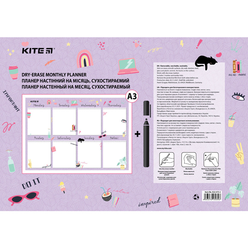 Planer ścienny na tydzień Kite Purple mood K22-473-2, А3