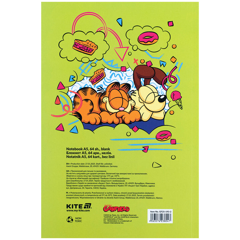 Notatnik Kite Garfield GF25-193-2, oprawa termiczna, format A5, 64 kartki, bez linii