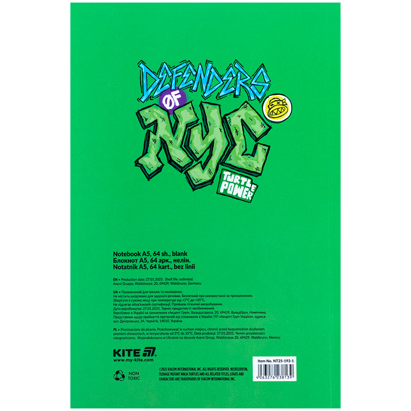 Notatnik Kite Ninja Turtles NT25-193-1, oprawa termiczna, A5, 64 kartki, bez linii