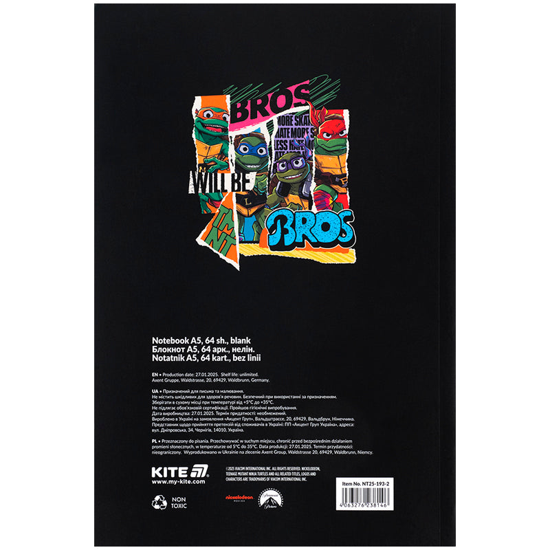 Notatnik Kite Ninja Turtles NT25-193-2, oprawa termiczna, A5, 64 kartki, bez linii