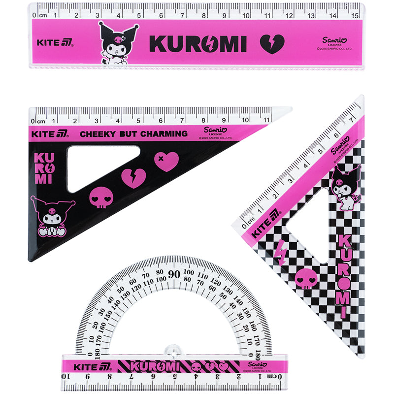 Zestaw geometryczny Kite К17-281: linijka 15 cm, 2 ekierki, kątomierz  Kite Kuromi HK25-282