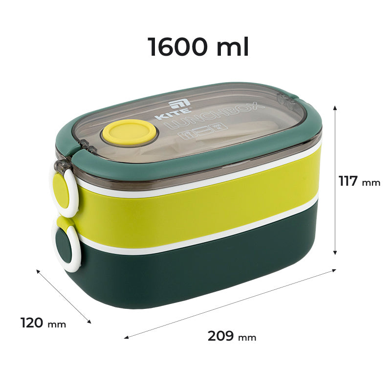 Śniadaniówka podwójnа z sztućcami Kite K25-1181-3, 1600 ml, zielony