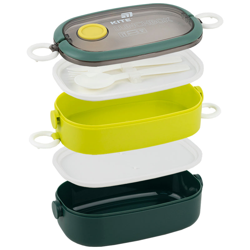 Śniadaniówka podwójnа z sztućcami Kite K25-1181-3, 1600 ml, zielony