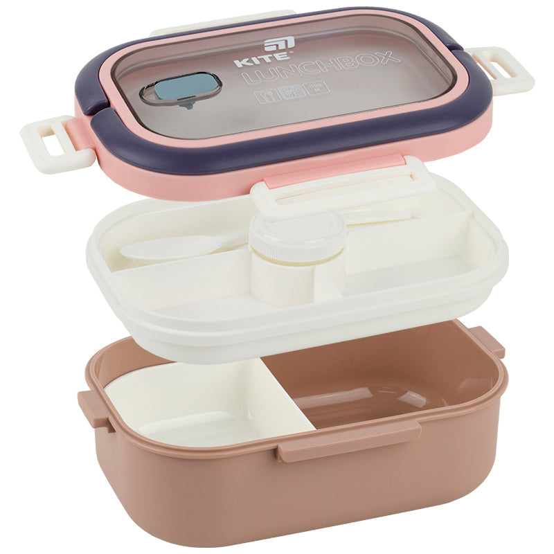 Śniadaniówka z przegródkami i sztućcami Kite K25-1182-1, 1100 ml, beż