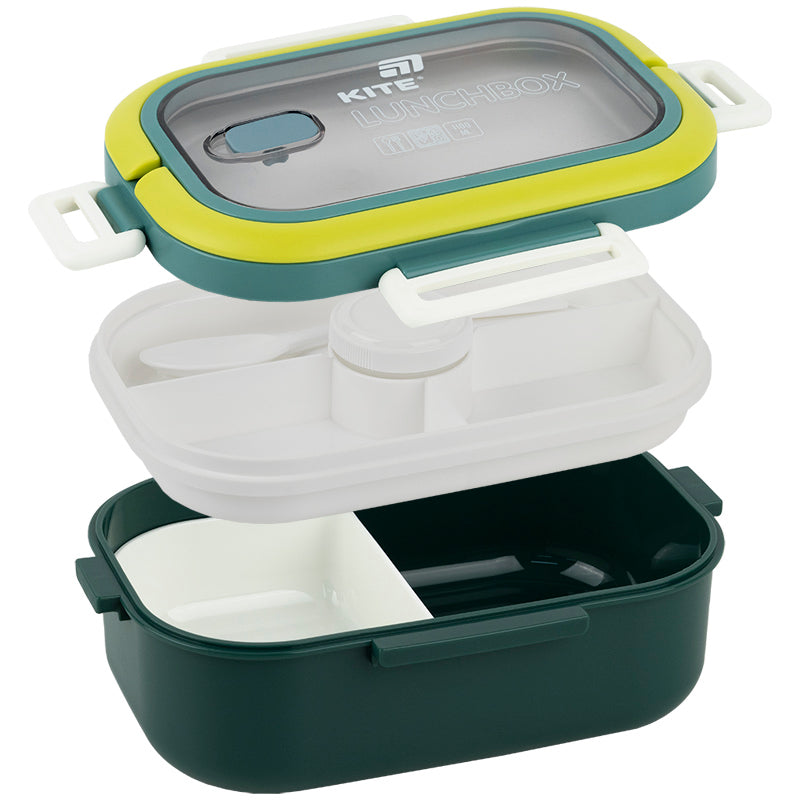 Śniadaniówka z przegródkami i sztućcami Kite K25-1182-3, 1100 ml, zielony