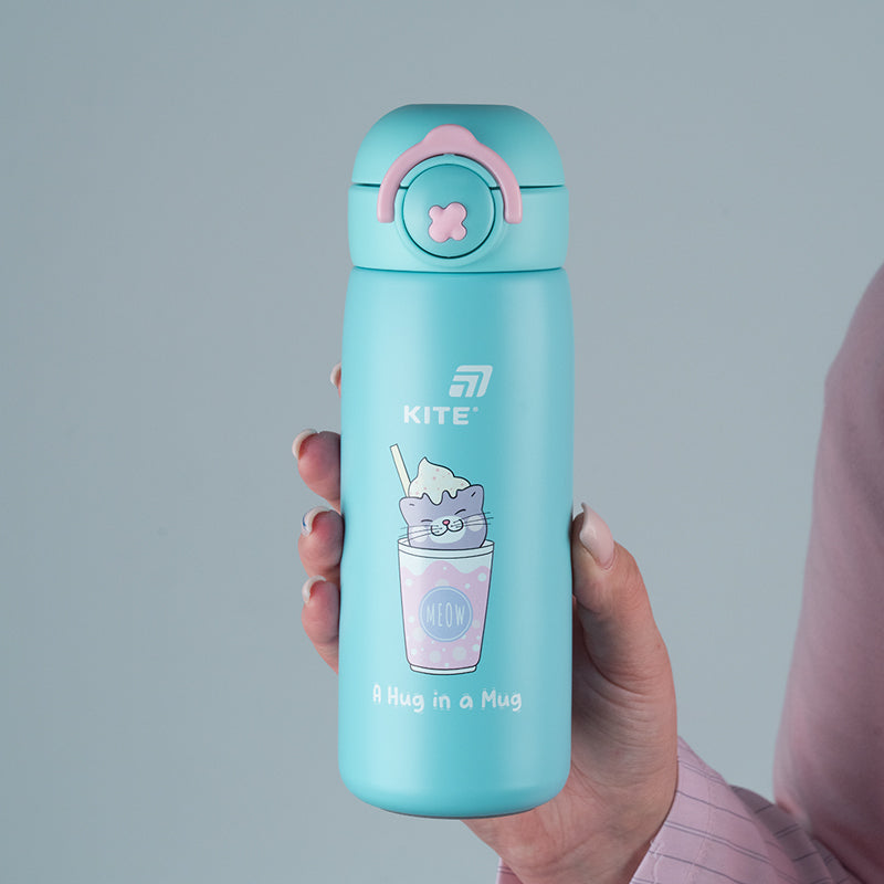 Termos z przyciskiem Kite K25-1221-1, Hug in mug, 430 ml, turkusowy