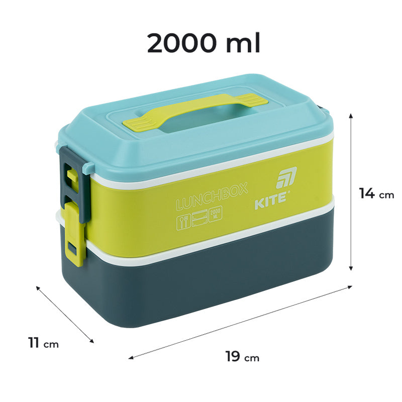 Śniadaniówka podwójnа z sztućcami Kite K25-1184-2, 2000 ml, niebieski