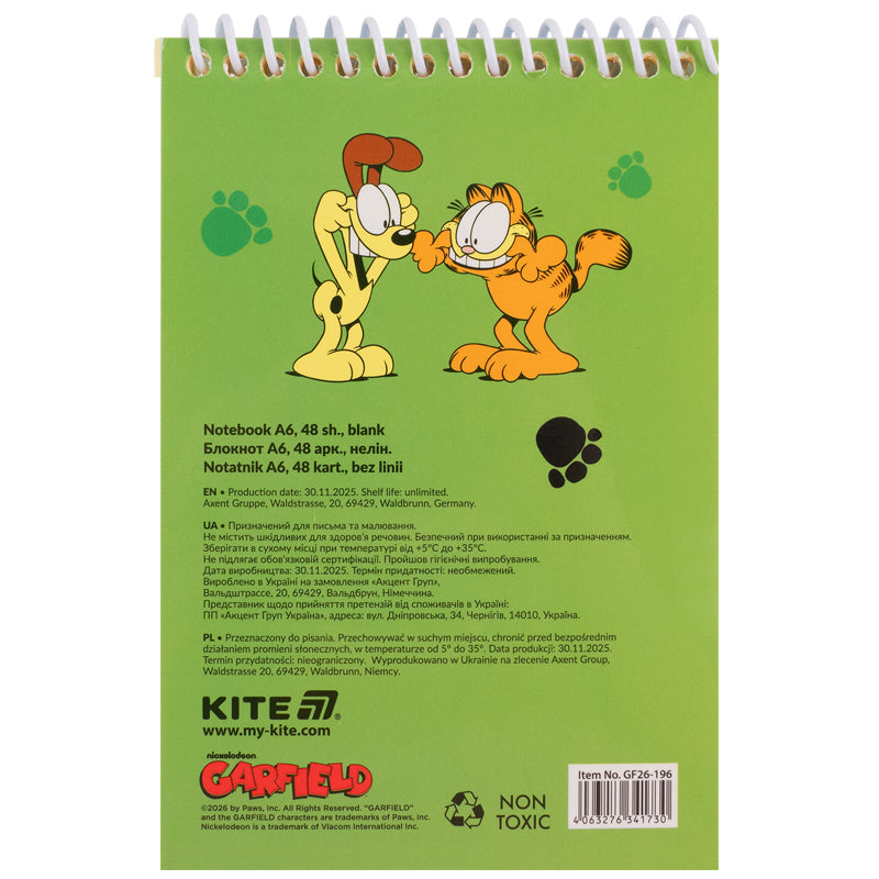 Notes na spirali Kite Garfield GF26-196, А6, 48 arkuszy, gładki