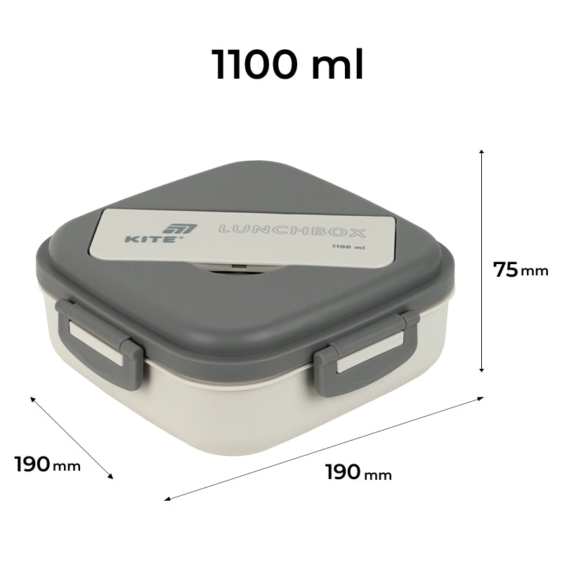 Śniadaniówka z przegródkami i sztućcami Kite K26-186-1, 1100 ml, szary