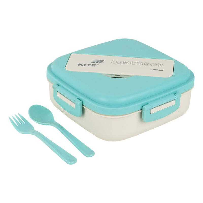 Śniadaniówka z przegródkami i sztućcami Kite K26-186-2, 1100 ml, miętowo-beżowy